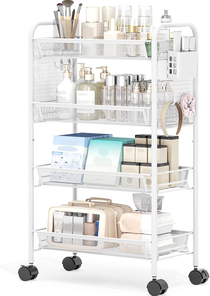 KINGRACK 4 Tier Rolling Cart, Metal Utility Storage Cart with Pegboard | Screwless Assembly, Lockable Wheels, 4 Hooks & 1 Bin, Mobile Organizer for Bathroom Kitchen Office Craft Room Laundry, White