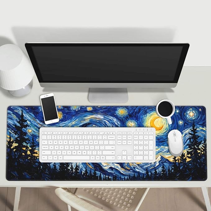 Starry Sky Forest Gaming Mouse Pad Extended Desk Mat 31.5x11.8in | Gaming Mousepad, Non-Slip Rubber Base, Large Keyboard Pad with Stitched Edges, Desktop Protector, for Office Home