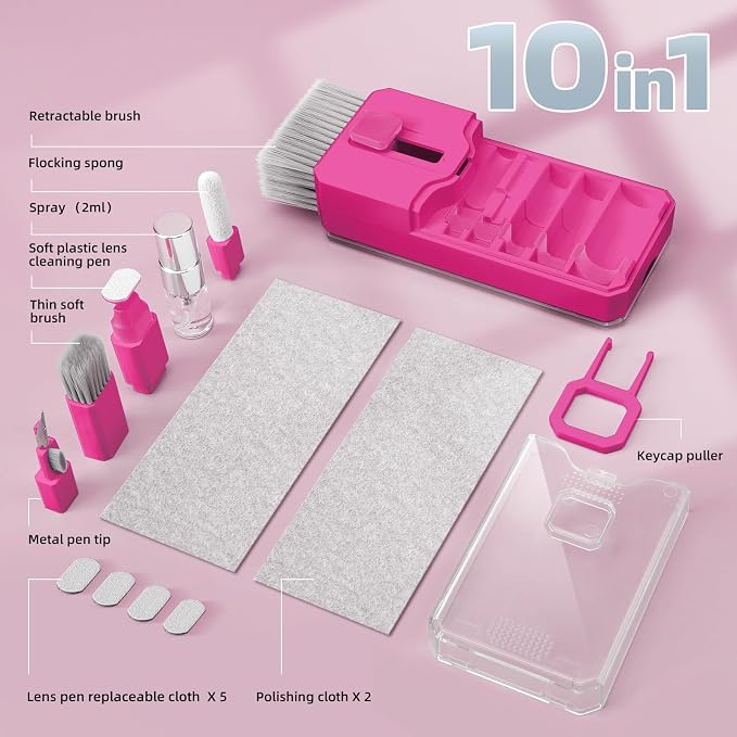 Keyboard Cleaner & Laptop Cleaning Kit, All-in-1 for Computer PC, HotPink | Electronics Deep Cleaning Reusable Brush Tool, Screen-Safe Spray, for iPhone iPad Macbook Airpod Camera, Gaming Accessories