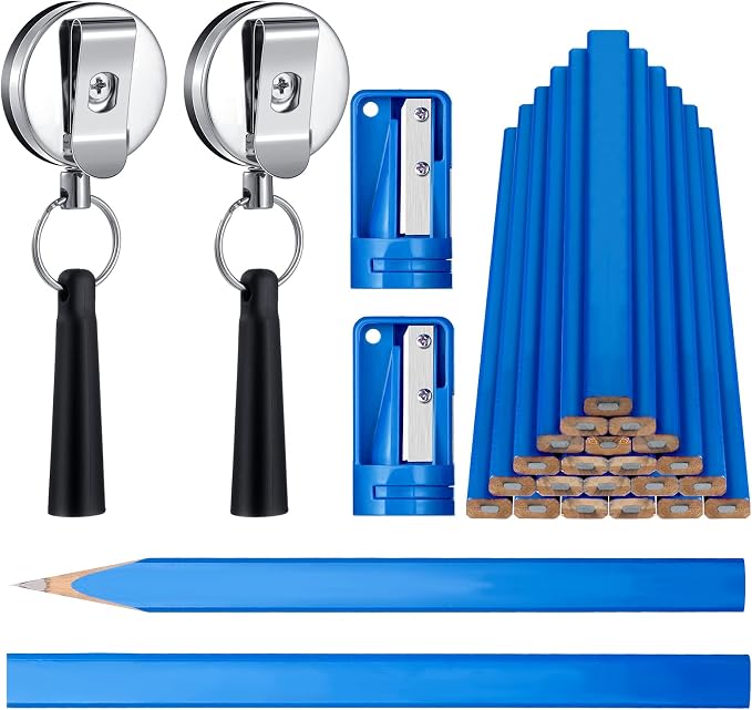 Honoson 24 Pcs Carpenter Pencil with Sharpener,Blue Cover, Black Refill | Construction Pencils for Jobsite, Octagonal Flat Design Prevents Rolling, Black Refill Clear Marking, Retractable Pen Holder