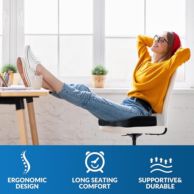 Seat Cushion for Office Chair & Car - Memory Foam Coccyx Support Pillow with Non-Slip Cover, Sciatica & Lower Back Pain Relief,Ergonomic Seat Pad for Long Drives (Medium Firm-Black)