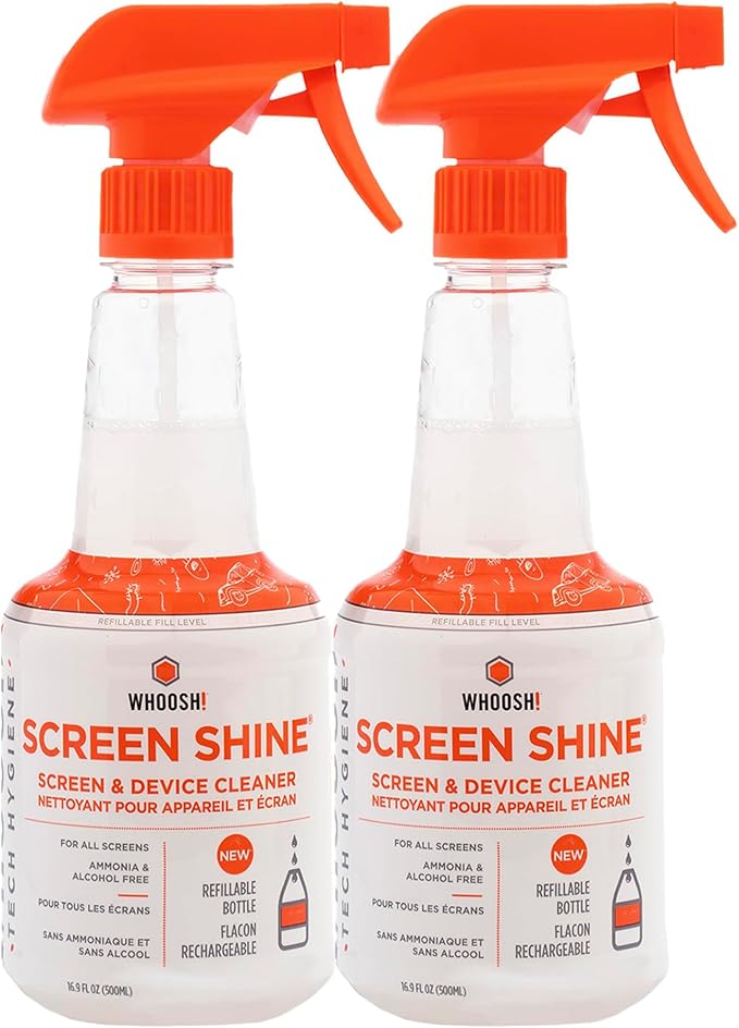 WHOOSH Screen Shine Pro Refillable Cleaning Kit, Set of 2, 16.9 fl oz | Streak Free Finish, Non Toxic and Odorless, For Flat Screens, OLED, LCD and Monitors, Microfiber Cloth Included