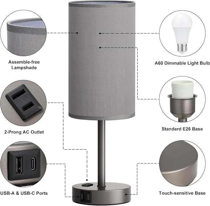 Grey Nightstand Bedroom Lamp - 3 Way Dimmable Bedside Lamp USB C A Charging Ports and AC Outlet, Small Table Lamp Linen Lampshade for Office Desk