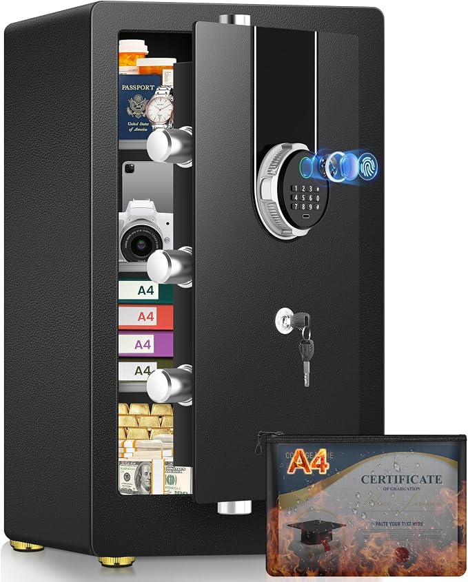 5.5 Cuft Large Biometric Safe For Home, Heavy Duty Safe Box | with Fingerprint & Keypad Dual-alarm system and 3 Movable Shelves , Large Document Safes for Money Jewelry