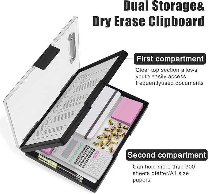 Hongri Clipboard with Storage, Black 8.5 x 11 Clip Board, Dual Compartmen | Folder Nursing Side Opening, Heavy Duty Organization Box, Smooth Writing for Teachers, Classroom, Size 13.3 x 9.4 x 1.5 in