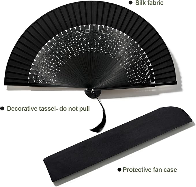 EOSAU Bamboo Hand Fan Foldable 8.3 Inch, Portable Folding Fan with Pouch for Church Wedding Makeup, Small Decorative Cooling Fan for Women (Black/Hollow)