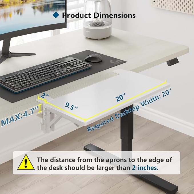 BONTEC Small Ergonomics Desk Extender Tray, 20 x 9.5 Inch, White | 90° Foldable Keyboard Tray Platform, Table Mount Arm Rest Shelf, Clamp on Computer Arm Rest, Suitable for Office Use
