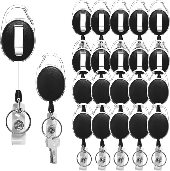 20 Pack Badge Reels Retractable with Carabiner Reel Clip | ID Badge Holder Bulk Card Key Holder with Ring, Sturdy Black Keychain Extender for Office Work Employee
