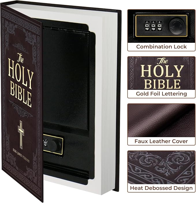 Book Safe with Combination Lock, Hidden Safe (10.9 x 7.7 x 1.8 Inch) with Fireproof Bag, Secret Diversion Safe, Hollow Book Box Hidden Storage, Money Safe Box for Cash (Bible)