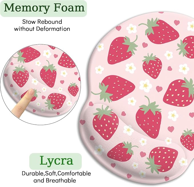 LIMKRIAN Pink Ergonomic Mouse Pad with Gel Wrist Rest, Strawberry Mousepad | Non-Slip PU Base, Smooth Surface, Comfort Wrist Support, Cute Home Office Decor School Supplies Desk Accessories for Women