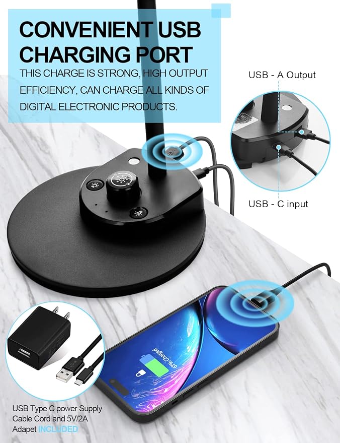 BOHON LED Desk Lamp with USB Charging Port 3 Color Modes Dimmable, Black | Reading Light Intelligent Induction Auto Dimming Task Lamp Neck Flexible Table Lamp for Bedside Office, AC Adapter Include