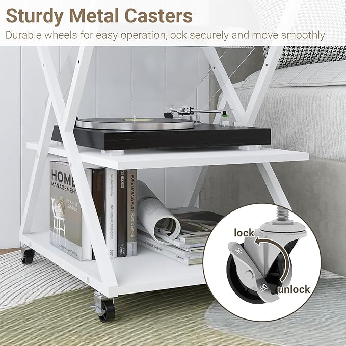 Natwind 3 Tier Printer Stand, 19.7''x19.7'' Large Printer Table with Height Adjustable Shelf, Rolling Printer Cart with Wheels,Multifunctional Organizer Shelf for Home Office Kitchen（White）