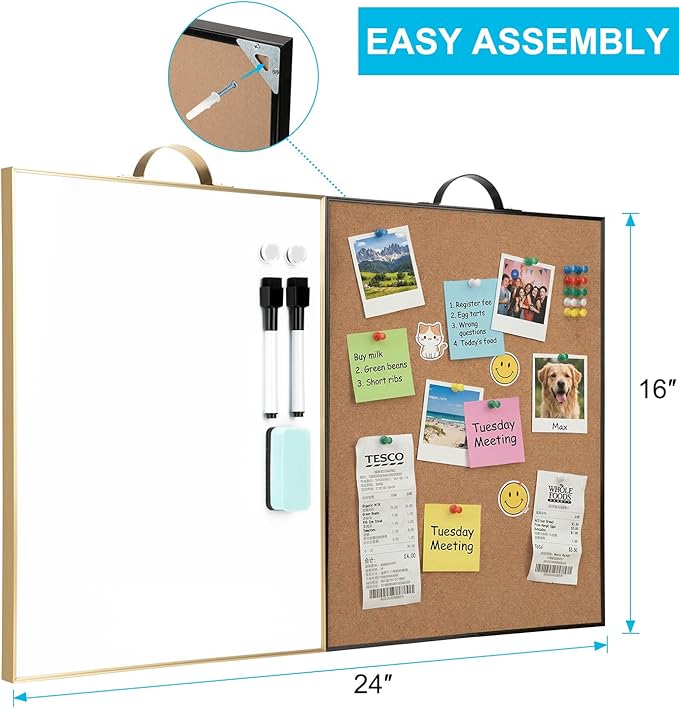 Small Whiteboard Cork-Board Combo for Wall, 2-Board Set, 24"x16" Total | Portable Aluminum Frame Magnetic Dry Erse Board Mini Bulletin Cork Board with a Handle for School, Office, Home