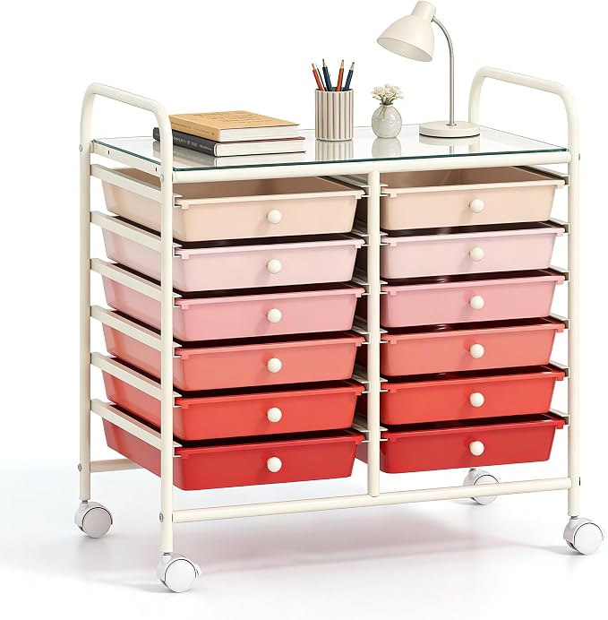 COSTWAY 12-Drawer Rolling Storage Cart, Utility Storage Organizer Cart | For Tools, Scrapbook, Paper, Craft, Multipurpose Art Supply Organizer on Wheels for Home Office School, Teacher, Mixed Pink