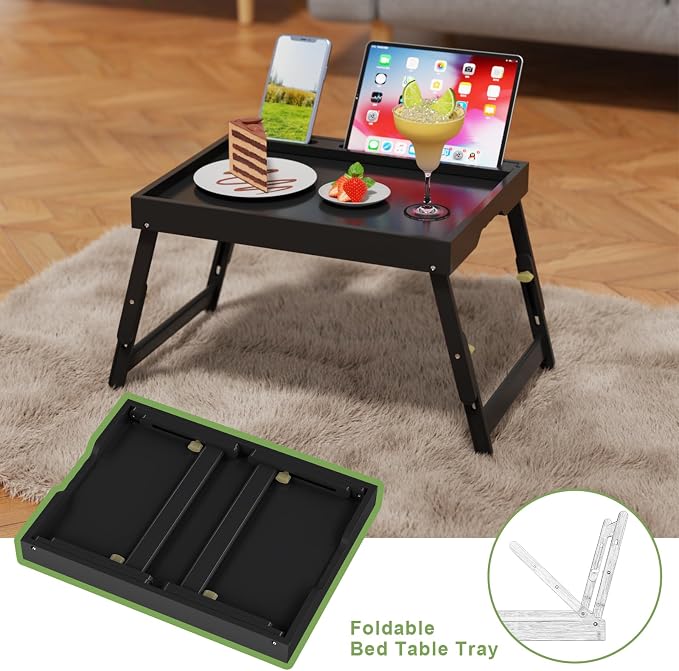 Artmeer Adjustable Bamboo Bed Tray Table with Device Slot, Large, Black | Adjustable FSC-certified bamboo bed tray with device slot, folding legs and handles for meals, laptops and reading in bed.