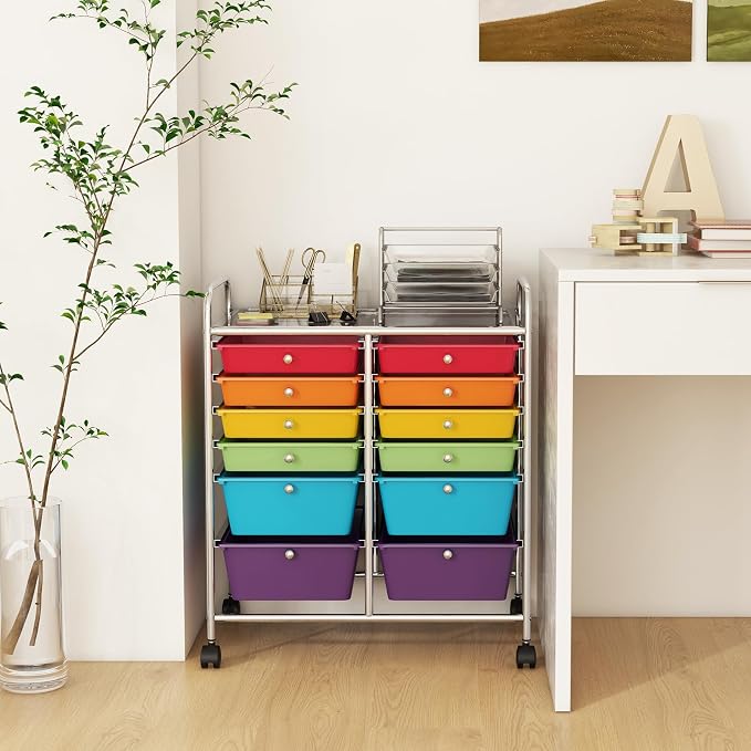 12 Drawer Rolling Storage Cart, Craft Cart Organizer on Wheels w/Metal Frame, Large Capacity & Smooth Drawer, Rolling Cart w/Drawers for Classroom, Office