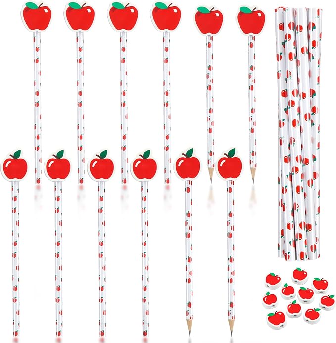 32 Pcs Apple Theme Pencil with Eraser Back to School Party Favors First Day of School Stationery Supplies for Classroom Exchange Gift Student Teachers' Day Reward Supplies