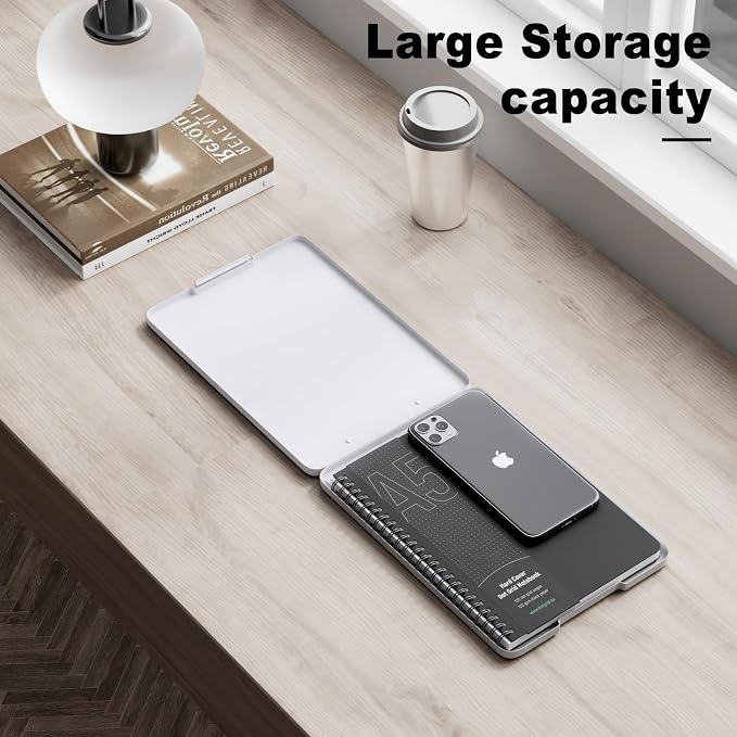 Hongri A5 Clipboard with Storage, Metal Retractable Pen Holder, White | 6 x 9'' Nursing Plastic Foldable Clip Board, Size 9.4 x 6.1 x 0.9 in, Menu Box for Work, Office & School Supplies