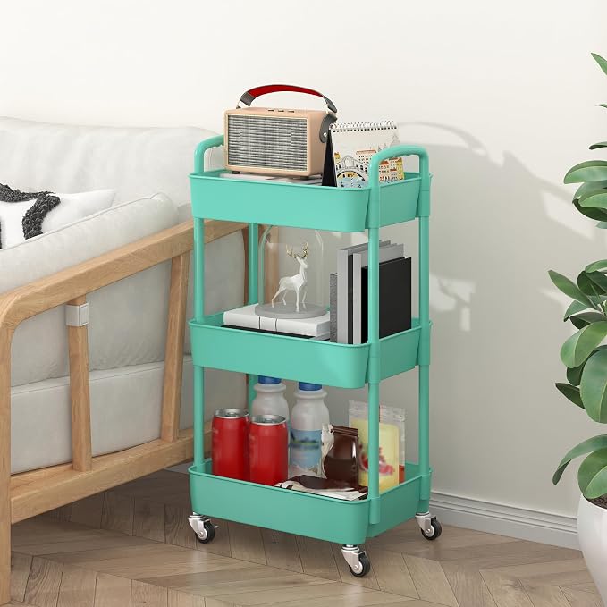 Sywhitta 3-Tier Plastic Rolling Utility Cart with Handle, Multi-Functional Storage Trolley for Office, Living Room, Kitchen, Movable Storage Organizer with Wheels, Green | Multi-Functional Storage Trolley, for Office, Living Room, Kitchen, Bathroom,Mov...