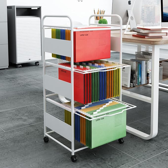 PUNCIA 3-Tier Metal File Cart with Wheels Pull-Out Rolling Folder Organizer | White Mobile Hanging File Cabinet for Letter Documents Home Office Storage Easy to Move and Access