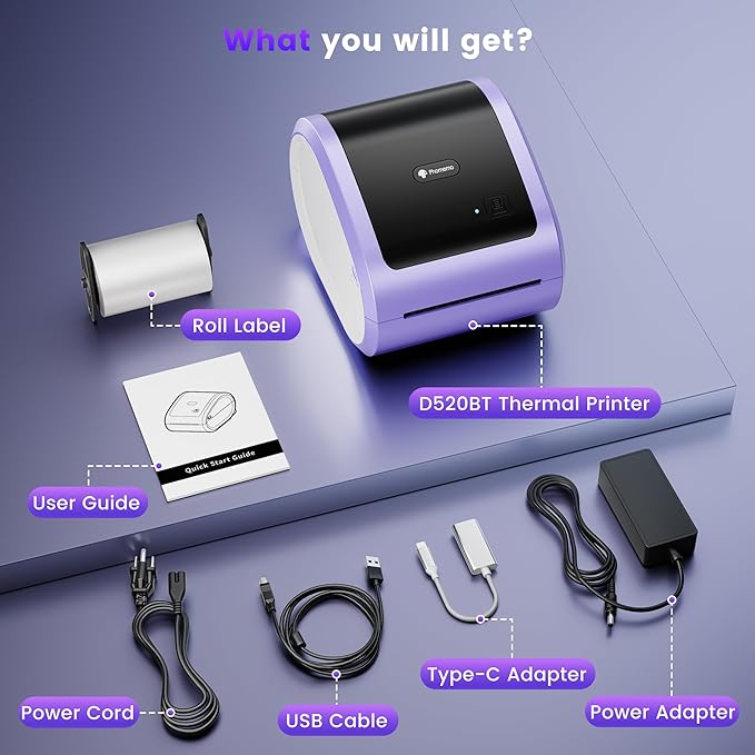 Phomemo D520BT Bluetooth Thermal Label Printer, 4X6 Wireless Shipping Label Printer Build-in Holder, Thermal Label Maker for Shipping Package, Compatible with Amazon, USPS, Shopify, Ebay, Purple