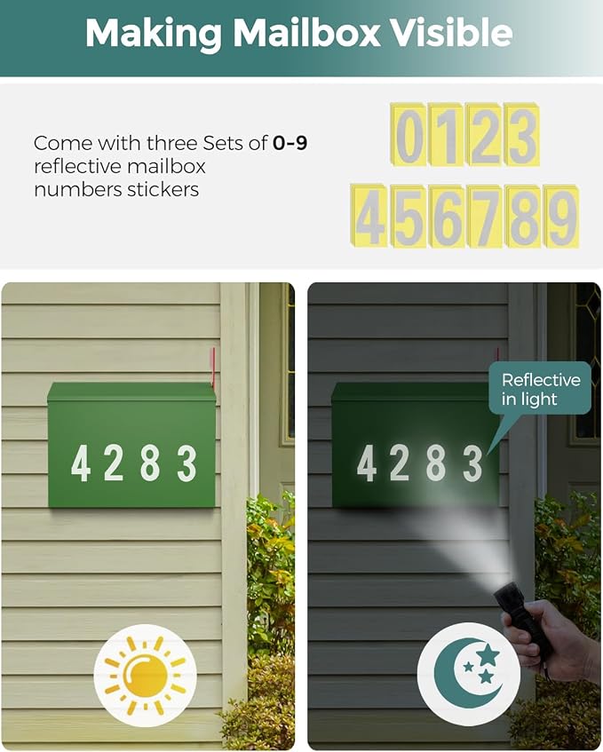 LAND·VOI Wall-Mount Mailbox with One Flag Kit and Three Sets of 0-9 Mailbox Number Stickers, Mailboxes for Outside, Galvanized Steel Rust-Proof Metal Post Box, 4.33" Dx14.2 Wx10.43 H, Green