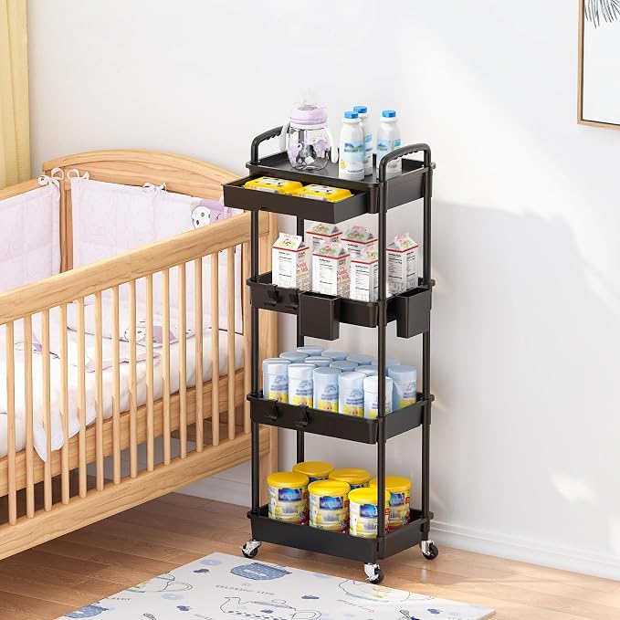 4 Tier Rolling Utility Cart with Drawer, Plastic Storage Organizer Rolling Carts with Wheels Handles Hanging Cups Hooks for Office, Bathroom, Kitchen,Craft Art Room (Black)