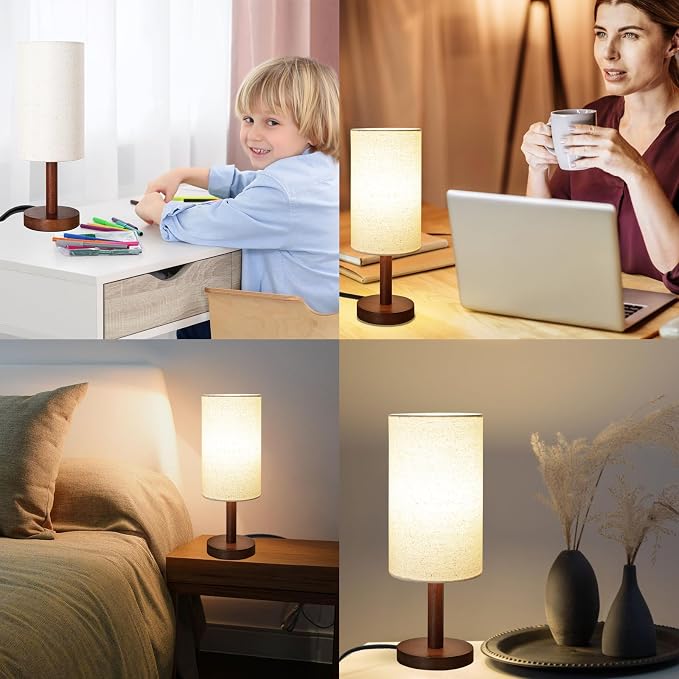 LALISU Small Table Lamp Nightstand Lamp Linen Lampshade Bedroom Wood Base Small Bedside Lamp for Night Stands, Desk Lamps for Reading Living Room, Office (LED Bulb Included) (Black-Walnut Wood（2）)