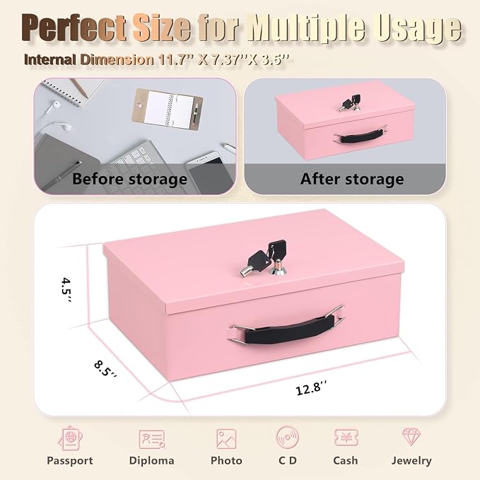 xydled Fireproof Document Box with Key Lock, Fire Safe Box, Pink | Fire and water resistant lock box for documents, passports, cash and valuables, keeping secure at home, 12.8 x 8.5 x 4.5 Inch