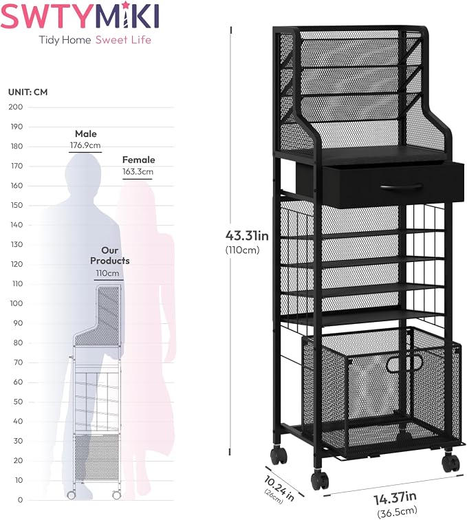 SWTYMIKI 10-Tier Rolling File Cart - Mesh Paper Organizer with Drawer and Hanging File Folders on Lockable Wheels, Rolling File Cabinet for Office Organization, Storage in Home, Studio, School, Black