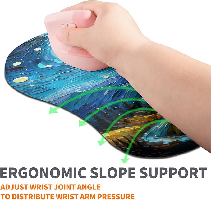 Ergonomic Joint Wrist Support Mouse Pad with Memory Foam Cushion Massage Bump, Carpal Tunnel Pain Relief Mousepad Slope Design for Wrist Rest, 11.8x7.9 in, Starry Night