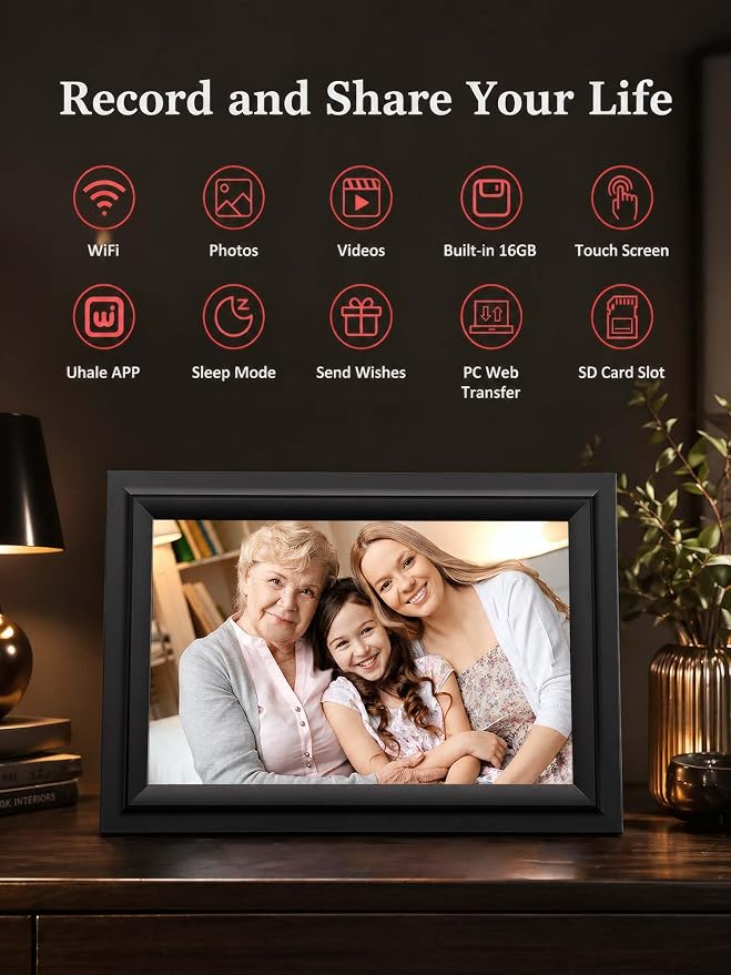 SAMMIX Digital Picture Frame 10.1 Inch WiFi Digital Photo Frame Electronic, IPS Touch Screen, 16GB, Tabletop&Wall-Mounted, Share Photos and Video with Uhale App, Birthday Gifts for Mom Women