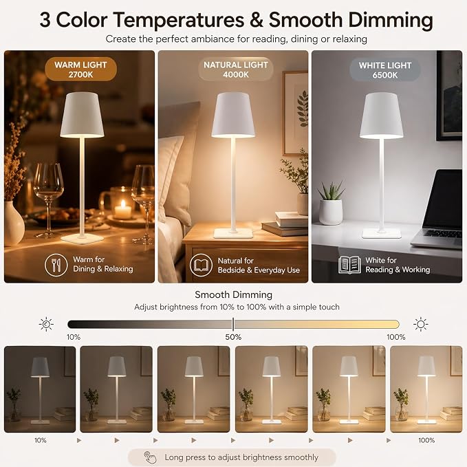 Cordless Table Lamp 2 Pack – Rechargeable Ambient Bedside Lamp with Warm Dimmable Light, Portable Minimalist Lighting for Bedroom, Dining Table & Living Room (2, White)