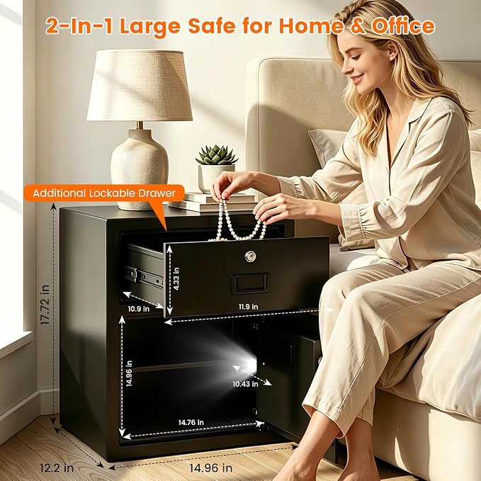 2.5 cuft Home Safe Box with Drawer | Anti-Theft Large Safe for Everyday Use | Double Safer - Add Fire Waterproof Bag | Durable Electronic Keypad | Silent & Alert | Removable Shelf for Protecting Valuable