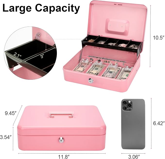 Jssmst Cash Box with Money Tray and Lock - Pink Cash Box with Key Lock Safe Money Box Large, Locking Register Drawer for Money, 11.8'' x 9.5'' x 3.5'', SM-CB005PK