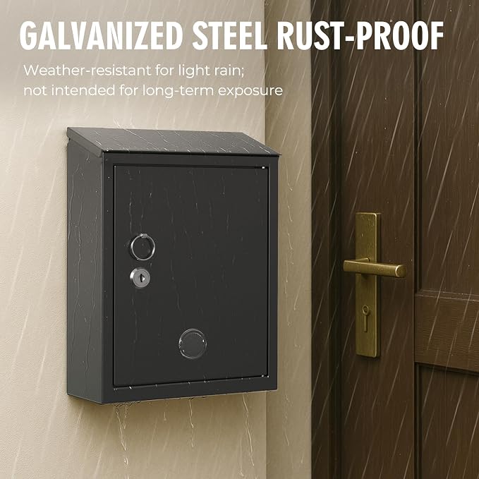 Mailbox with Combination & Key Unlock, Metal Mail Boxes Suggestion Box Wall Mount, Business Key Drop Box, Locking Post Box for House, Weatherproof, Large Capacity 14x4x10in,Black