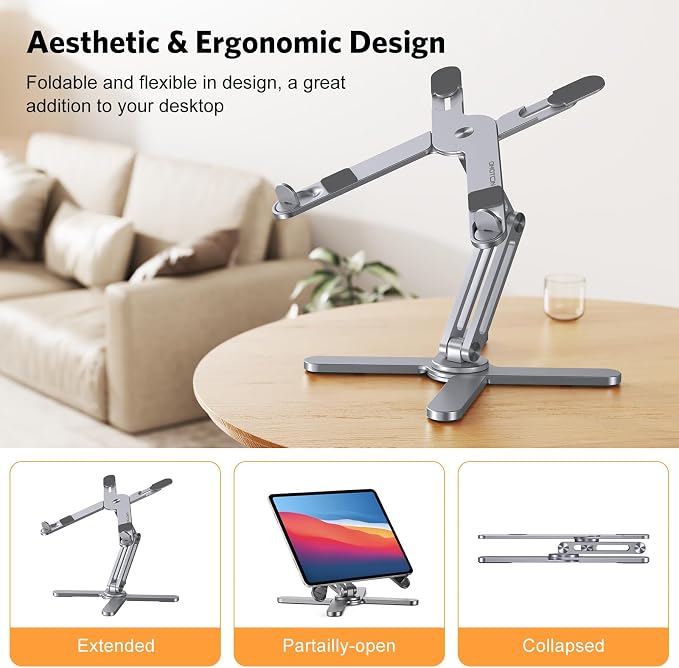 OMOTON LA10 360° Rotating Laptop Stand Riser Foldable for Desk, Space Grey | Aluminium Aolly, Adjustable Height Angles, Collaborative Work, Easy Storage, Fits Laptops up to 17", for MacBook Pro/Air HP