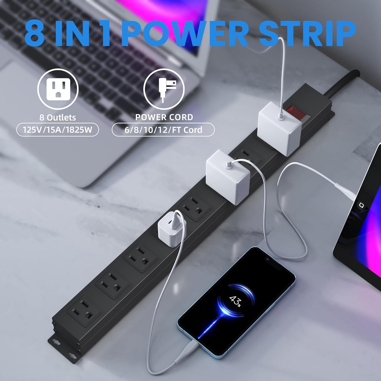 8 Outlets Metal Heavy Duty Power Strip with 12 Ft 14AWG Power Cord,Wide Spaced Outlets,Wall Mount Long Power Strip for Commercial,Industrial,School,Garage,Home,15A 125V 1875W,Black (12FT)