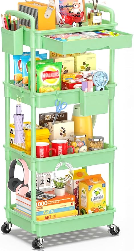 SUNALLY 4 Tier Rolling Cart with Drawer, Craft Storage Cart Organizer,Green | Bathroom Storage Organizer with 2 Lockable Wheels, Rolling Utility Cart for Kitchen, Office, Baby, Makeup, Nail,Snack,Laundry