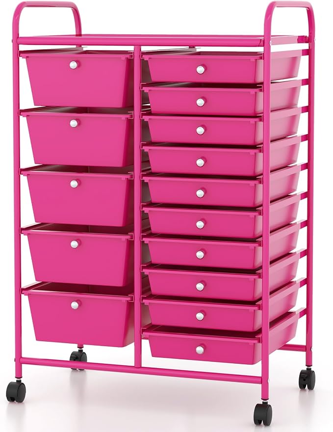 COSTWAY 15 Drawer Rolling Storage Cart, Mobile Storage Organizer | Removable Drawers & Metal Frame, Multipurpose Utility Tools Paper Organizer on Wheels for Home, Office (Hot Pink)