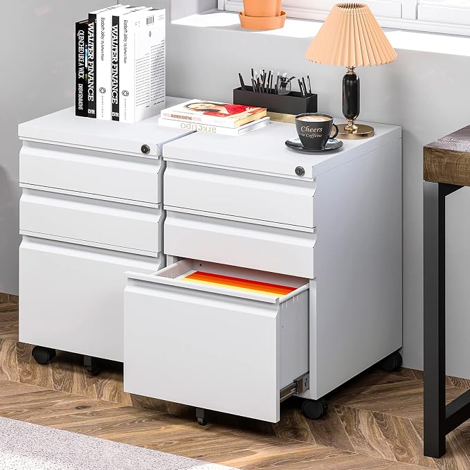 3 Drawer Mobile File Cabinet with Lock, White Under Desk Rolling Filing Cabinet, Metal Locking File Cabinet on Wheels for Legal/Letter/A4 File (Required Assemble)