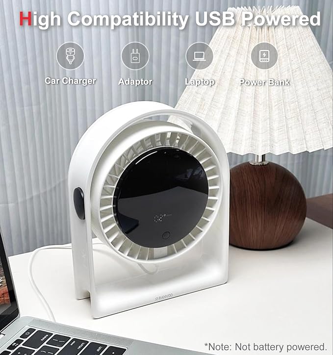 2026 Quiet USB Desk Fan,4 Speeds, 120°Tilt, table Fan for bed & Office | Air Circulator Mini Fan Bedroom,Translucent Black, Portable Smart Display Fan,Low Noise,7 Blades,Cool Room In 3 Mins