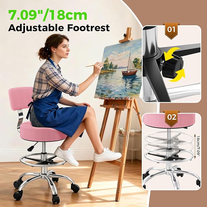 Office Drafting Chair with Footrest, Tall Height Adjustable Stool with Back Support, Heavy Duty Rolling Stool Chair with Wheels for Office Home Kitchen Bar Shop Guitar Studio Vanity, Pink