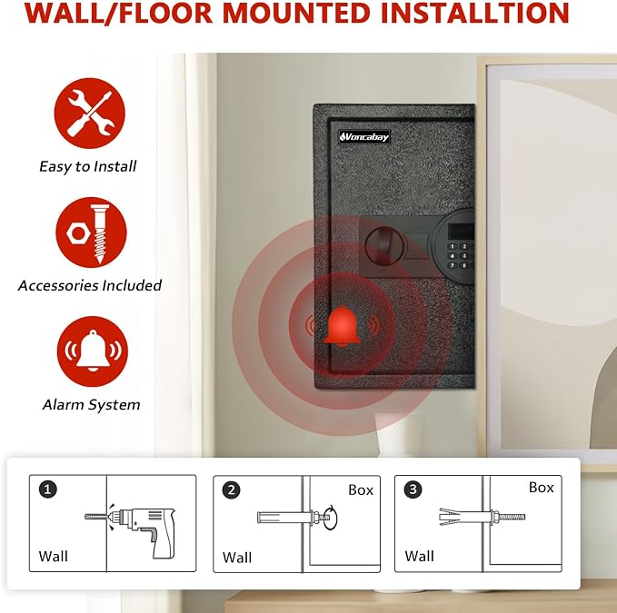 Voncabay Money Safe Box for Home with Digital Keypad, 1.5 Cu. Ft., Black | Alloy Steel, 2 Fireproof Bags, Digital Keypad with Display, Removable Shelf, Alarm System, 14 x 13 x 13 In.