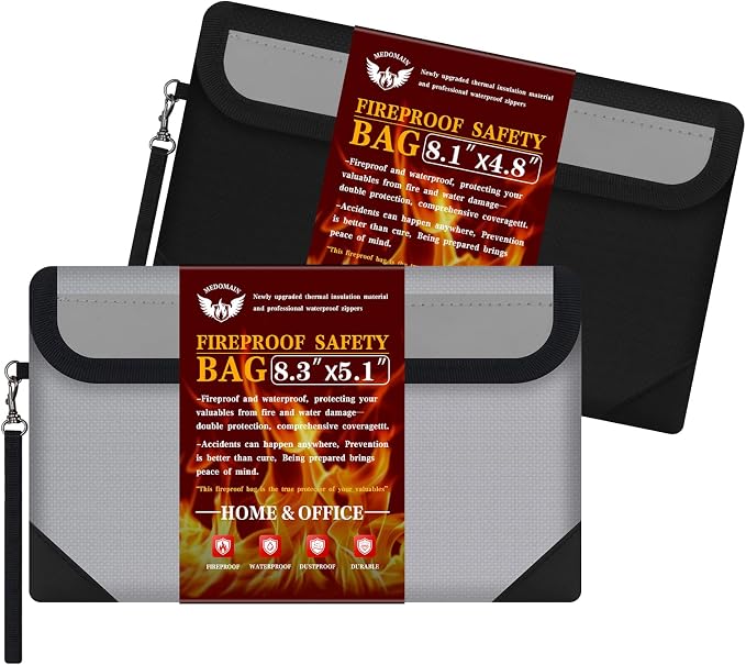 Small Money Bag 2 Pack (8.3“ × 5.1”)，Zippered Fireproof Waterproof Document Bag， Safe Fireproof Document Box，Small Fireproof Money for Cash, Currency, Keys, and Passports