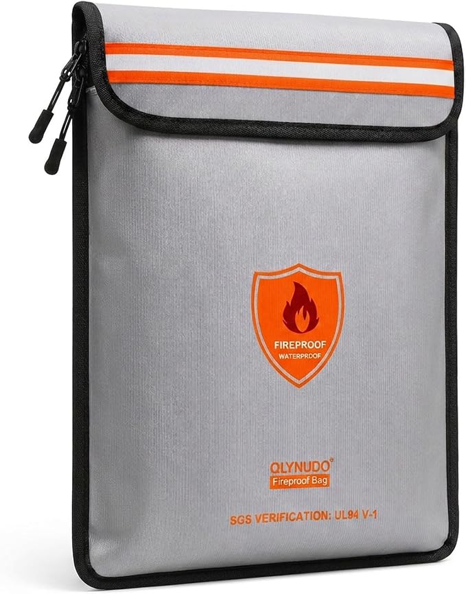 Non-Itchy 2200°F Fire Proof Bag for Documents, 15x11 A4 Storage Pouch | Fire Proof Money Bag for Cash, Fits A4 Files Flat, Reflective Night Strip, Dual-Pocket, Water-Resistant Zipper
