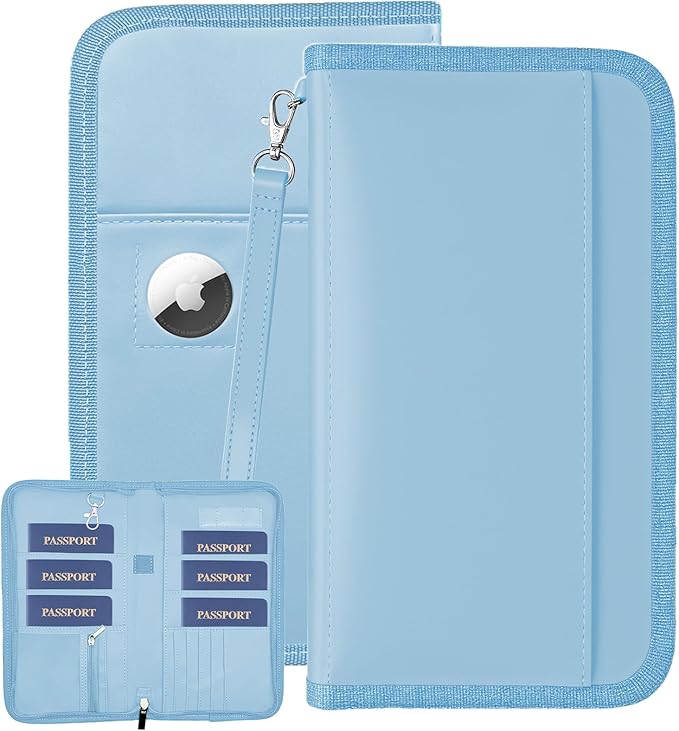GOAUS Passport Holder for Travel with AirTag Slot, for Family of 4 to 6 | Multiple, Travel Document Organizer, Cards Cash Pockets, RFID Blocking, Waterproof, Gifts, Faux Leather, AirTag Not Included