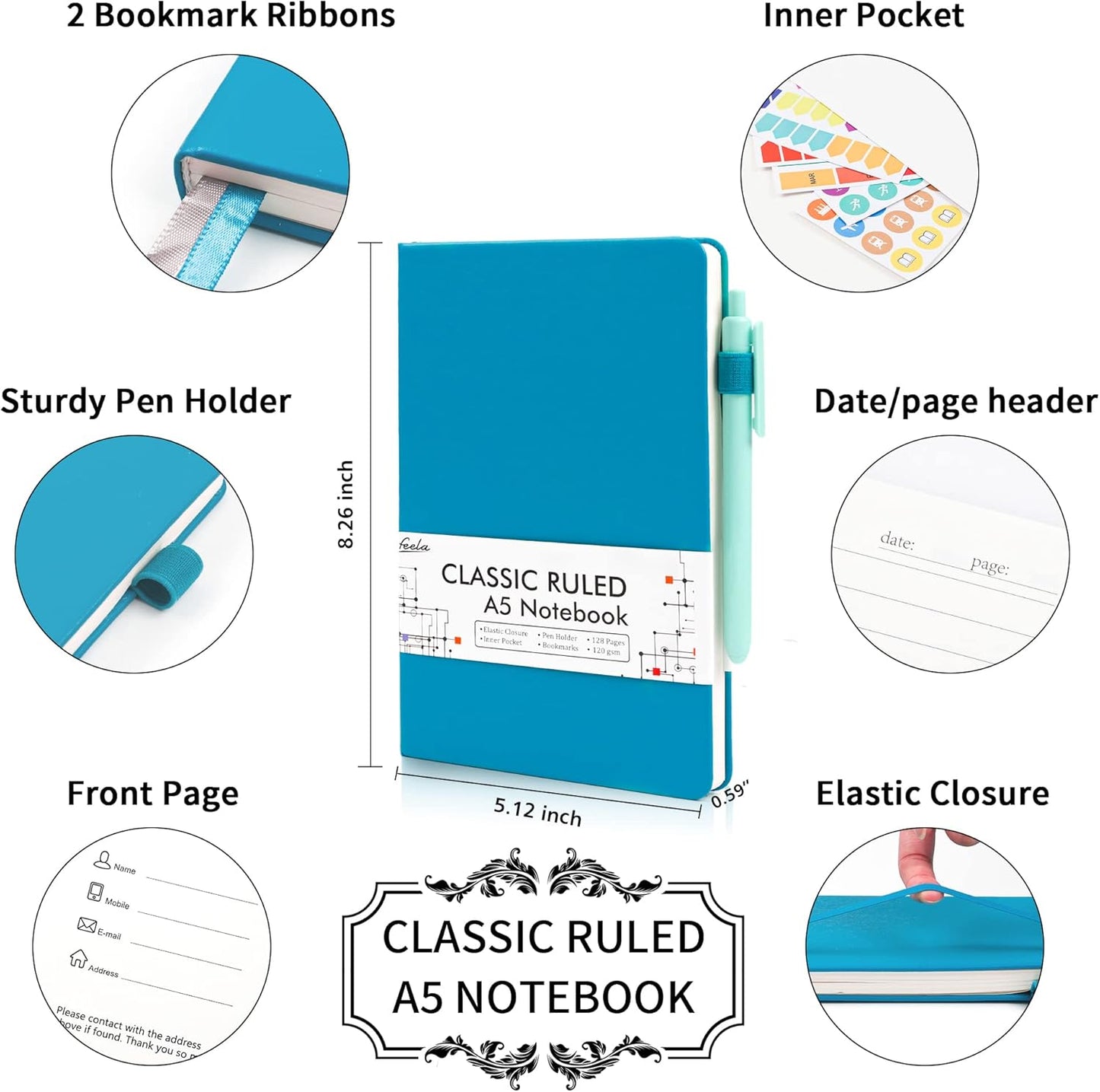 feela 12 Pack Notebooks Journals Bulk, Hardcover Notebook Classic Ruled Journal Set with Pen Holder for School Business Work Travel Writing, with 12 Black Pens, 120 GSM, 5.1”x8.3”, A5, Teal