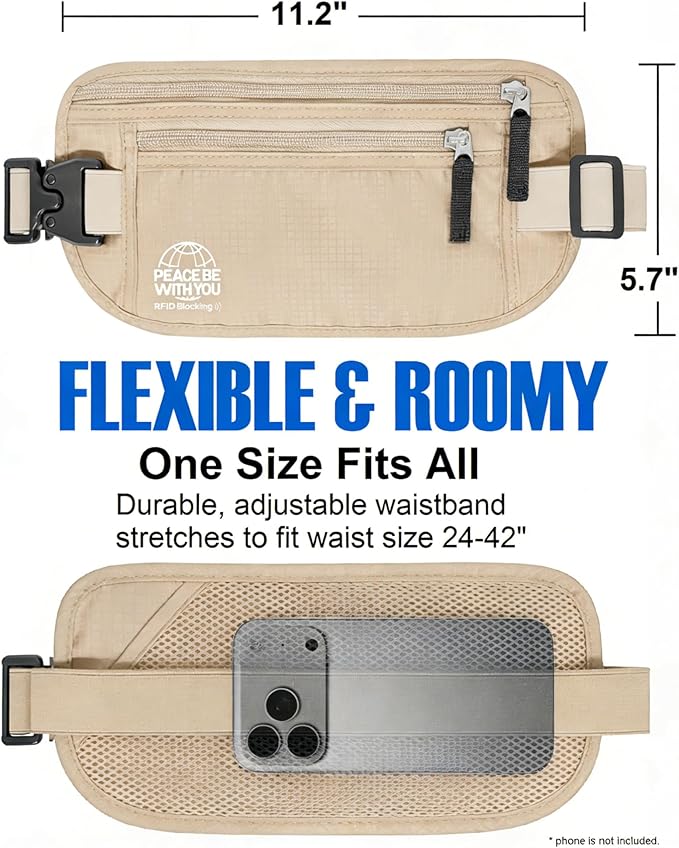 Money Belt for Travel, Passport Holder, RFID Blocking, Sweat-Proof, Beige | 3rd Gen Hidden Waist Wallet Anti Theft to Protect Cash, Credit Cards and Documents Under-Clothes for Men & Women, Bamneat