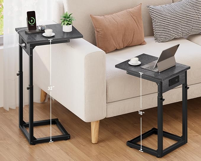 C Shaped End Table with Charging Station, 33" Tall Side Table for Couch, Adjustable Height C Table End Table, Couch Table Slide Under Sofa Table TV Tray Table for Living Room, Gray Walnut